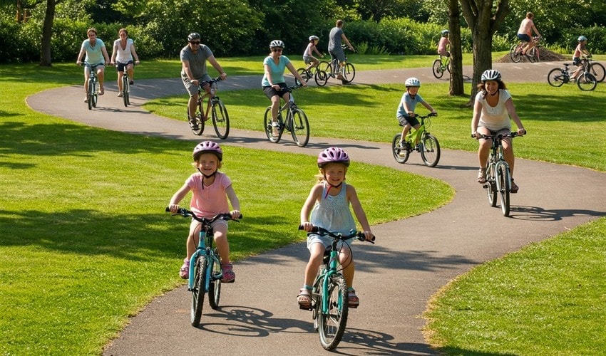 Family cycling together in Pala Pitta Park, a safe and fun weekend activity near Kondapur.