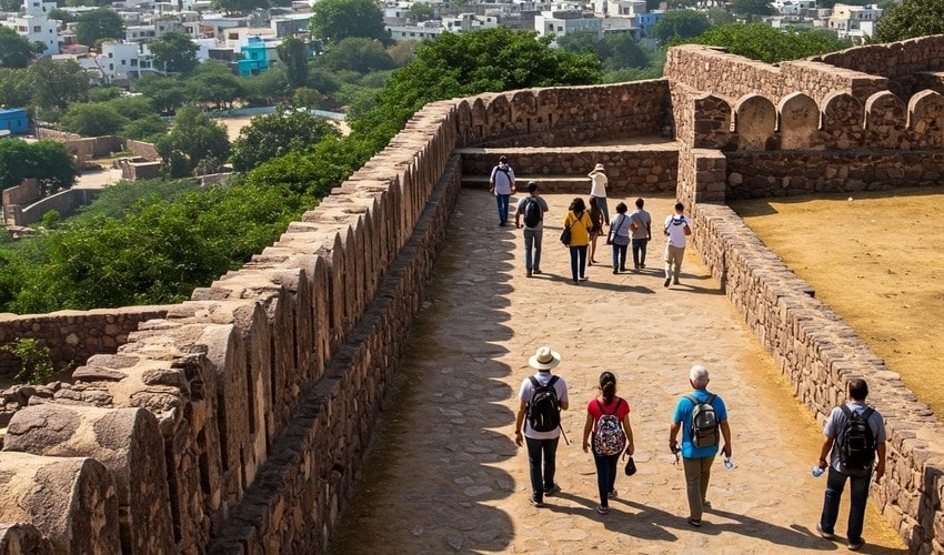 Tourists exploring Golconda Fort, an iconic historical site near Kondapur full of heritage charm.