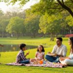 Family enjoying a lakeside picnic at a lush Hyderabad park
