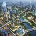 Aerial view of Hyderabad 2030 with smart city infrastructure and green urban planning