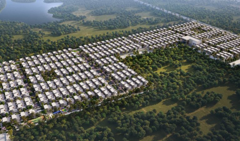 Aerial view of wellness integrated gated community with green spaces in Hyderabad