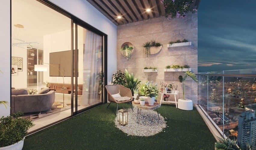 Cozy corner flat balcony with sweeping city view at dusk, serene and inviting