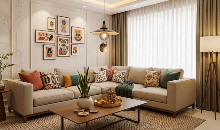 Modern Indian living room showing interior design as part of post possession home expenses.