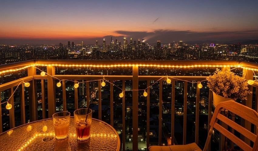 Night-time corner balcony glowing with fairy lights, illustrating charm and heat exposure.