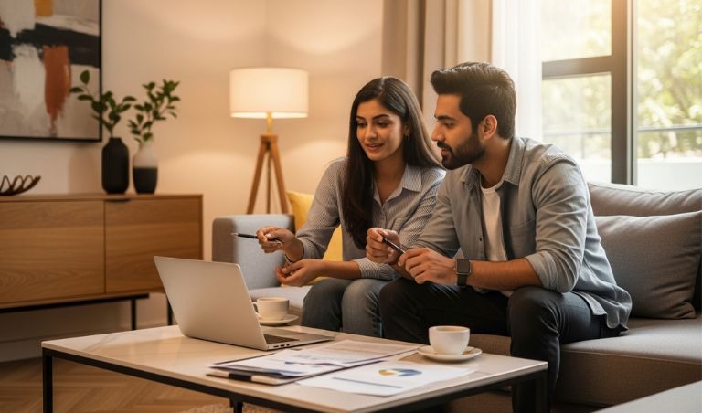 Young Indian couple planning home loan in 2025, using laptop with financial documents in a modern apartment.