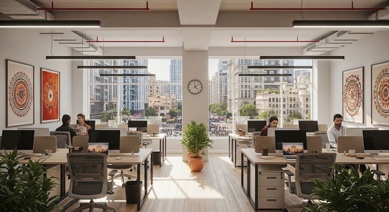 Affordable modern office space in Hyderabad with open design and natural lighting for scalability.