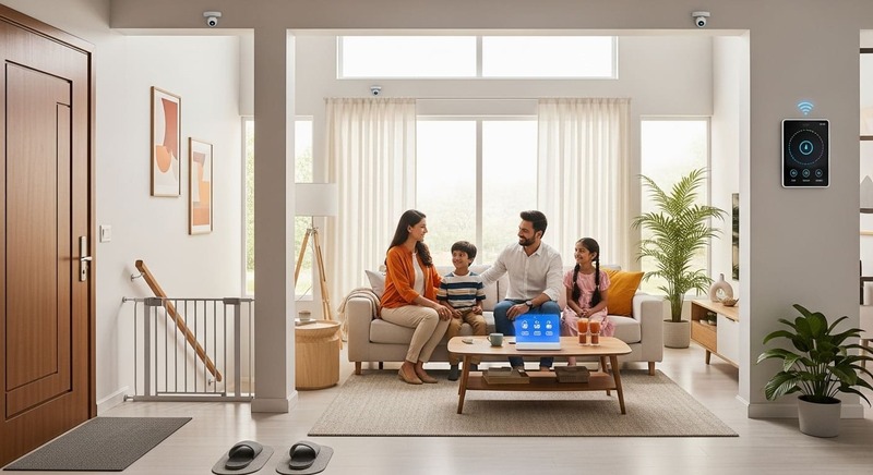 Indian family in a modern safe home with smart interior design and safety features.