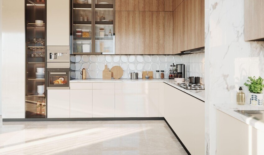 Luxury modular kitchen with marble finishes and designer interiors in Hyderabad home.