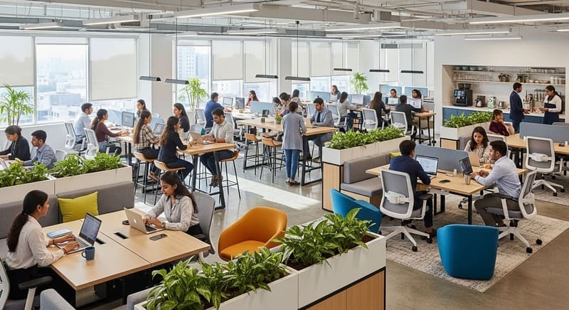 Modern satellite office in Hyderabad with Indian professionals working in an open, collaborative workspace.