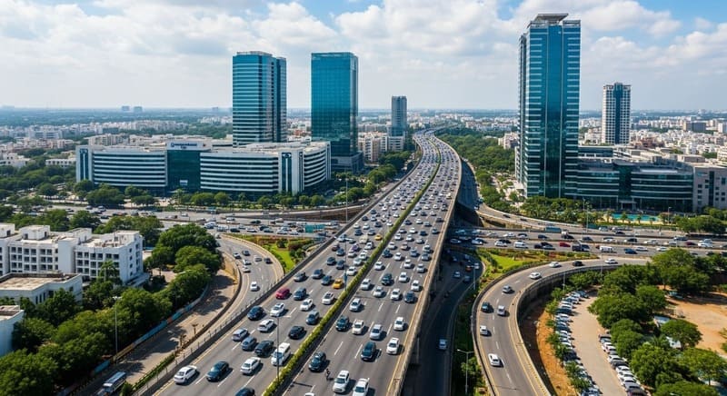 Outer Ring Road highway view near Patancheru Hyderabad connecting to major business and office hubs.