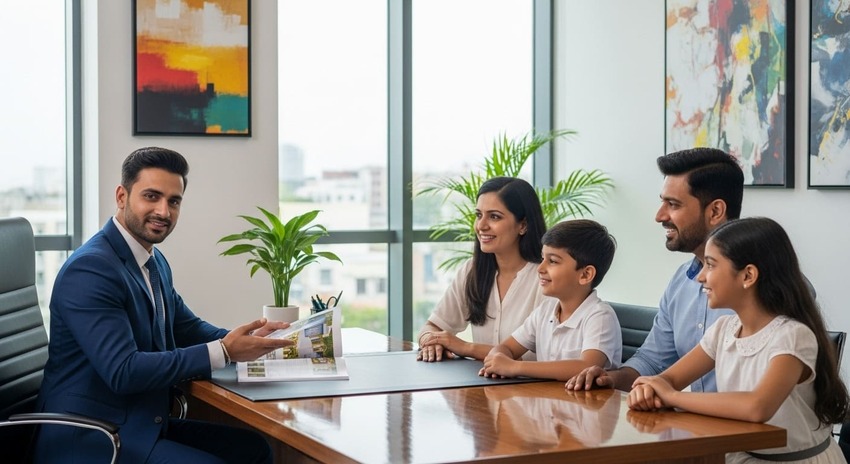 Real estate consultant discussing Hyderabad property investment with Indian family in modern office.