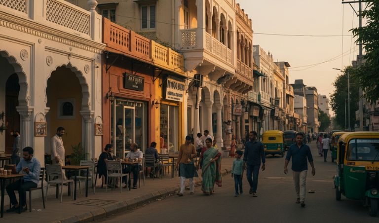 A peaceful Hyderabad neighbourhood street with local cafés and shops, capturing everyday lifestyle beyond tourist hotspots.
