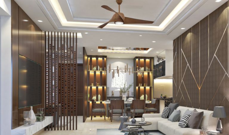 Elegant Hyderabad living room with neutral tones, open layout, and modern minimalist decor