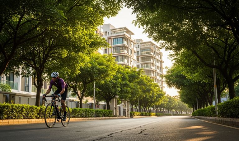 Young professional bicycling through Hyderabad suburb with modern apartments