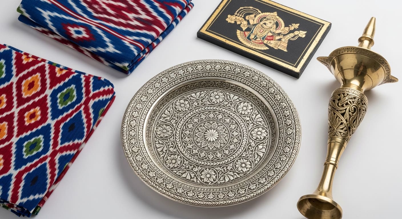 Authentic Hyderabad Telangana crafts Bidriware Pochampally silk Nirmal painting Pembarthi brass traditional artisan handmade.