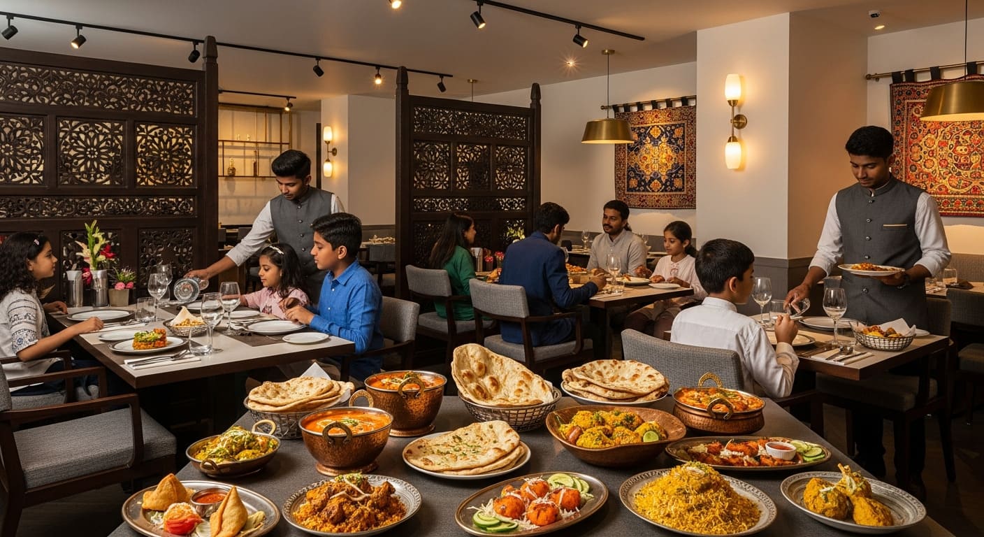 Family dining elegant restaurant Kondapur Hyderabad multicuisine food colorful dishes upscale casual atmosphere lifestyle.