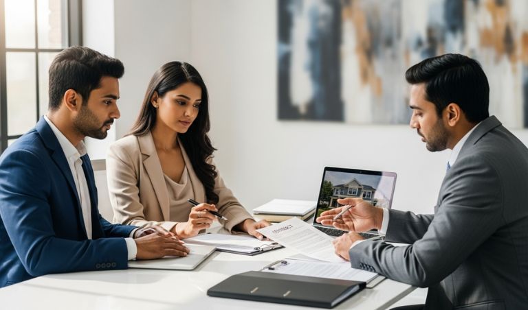 Homebuyers reviewing legal property documents with agent for Patancheru real estate purchase verification checklist