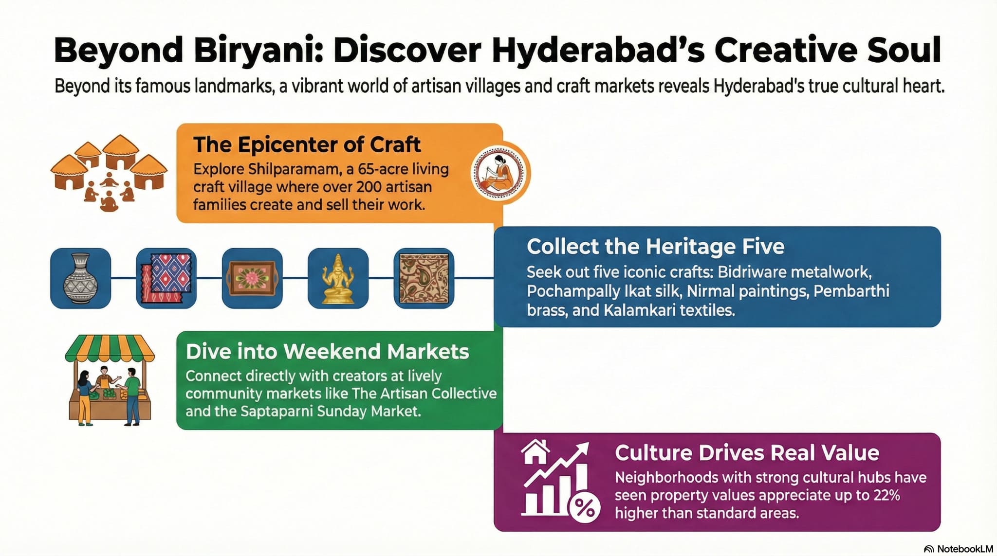 Hyderabad craft culture infographic Shilparamam artisan villages Heritage Five Bidriware Pochampally property value 22%