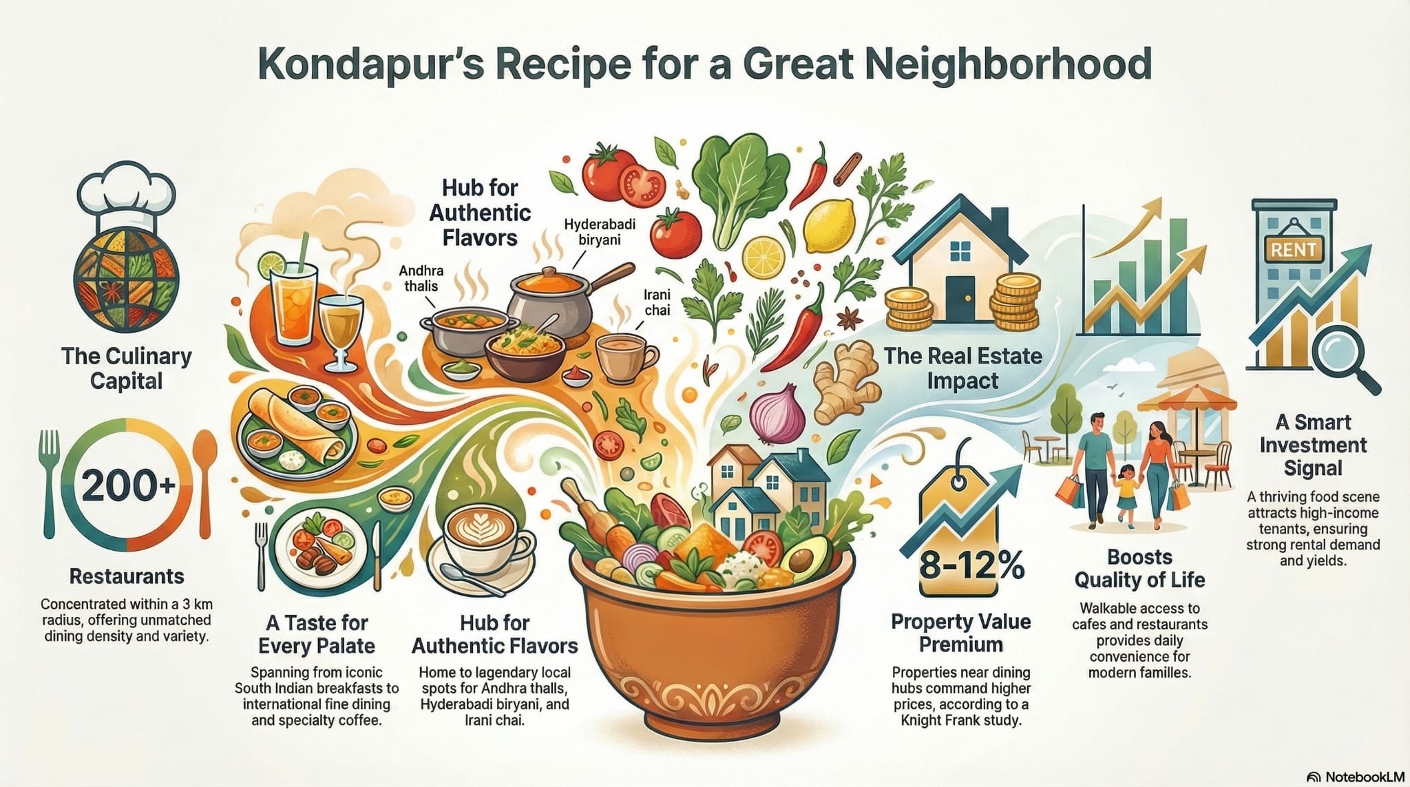 Kondapur neighborhood recipe infographic 200 restaurants culinary capital real estate value 8 12% premium lifestyle quality