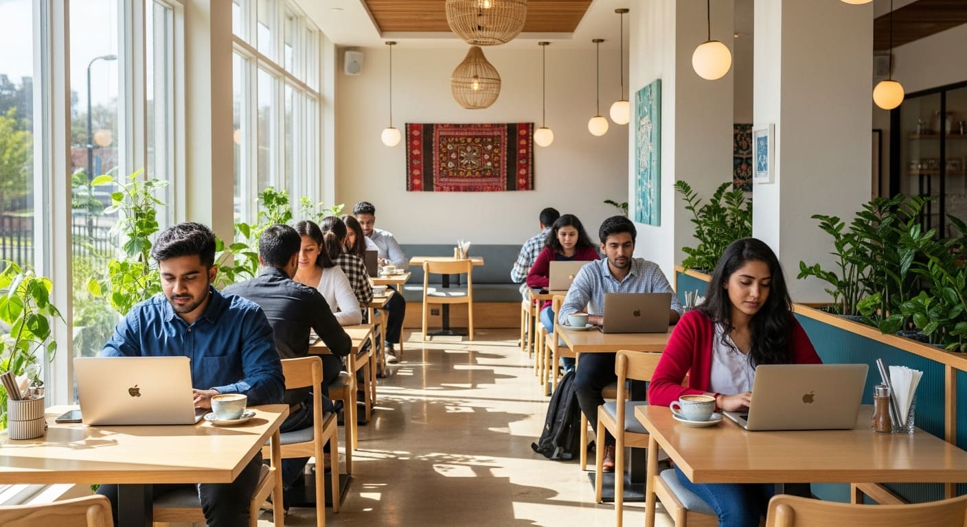 Modern cafe Kondapur Hyderabad young professionals working coffee shop lifestyle contemporary interior design workspace.