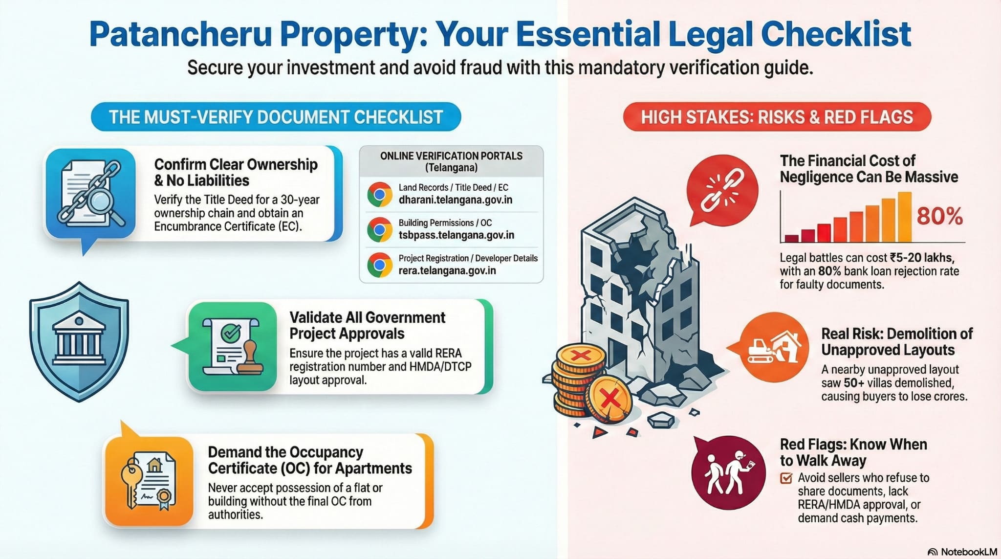 Patancheru property legal checklist infographic showing document verification steps RERA HMDA EC risks fraud prevention