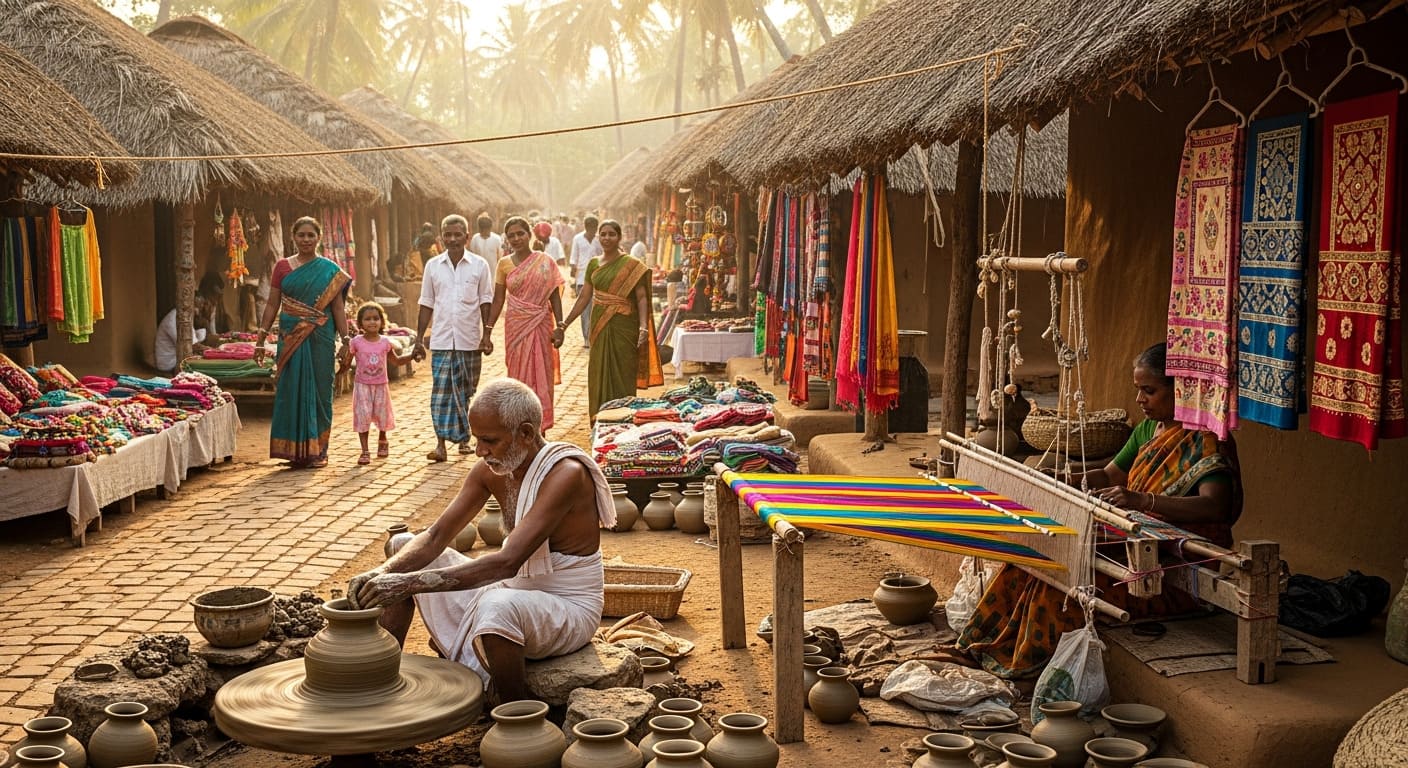 Shilparamam arts village Hyderabad with traditional huts artisans crafting pottery and handloom textiles families visiting.