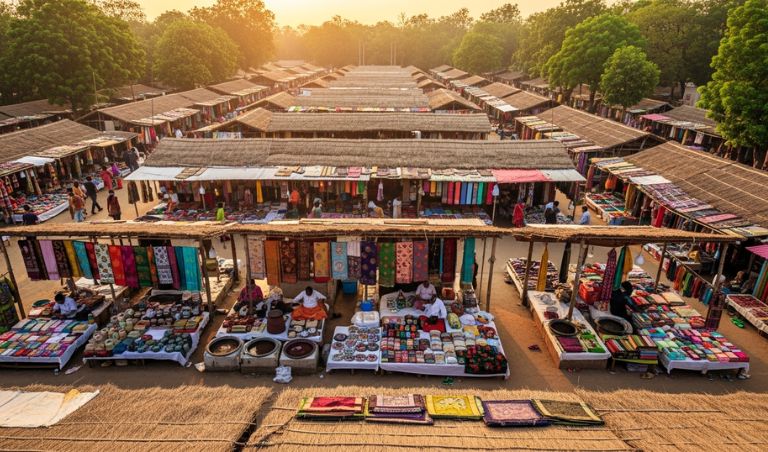 Traditional craft village in Hyderabad showcasing artisan stalls with handmade textiles and local handicrafts display