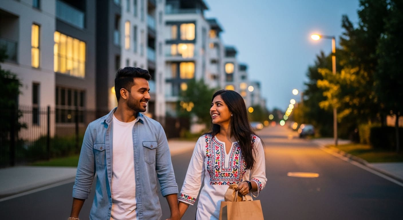 Young couple walking Kondapur residential street evening takeaway food modern apartments neighborhood lifestyle Hyderabad.