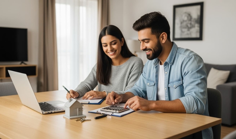 Couple calculating home loan tax benefits FY 2025-26 for new luxury apartment purchase in Hyderabad India