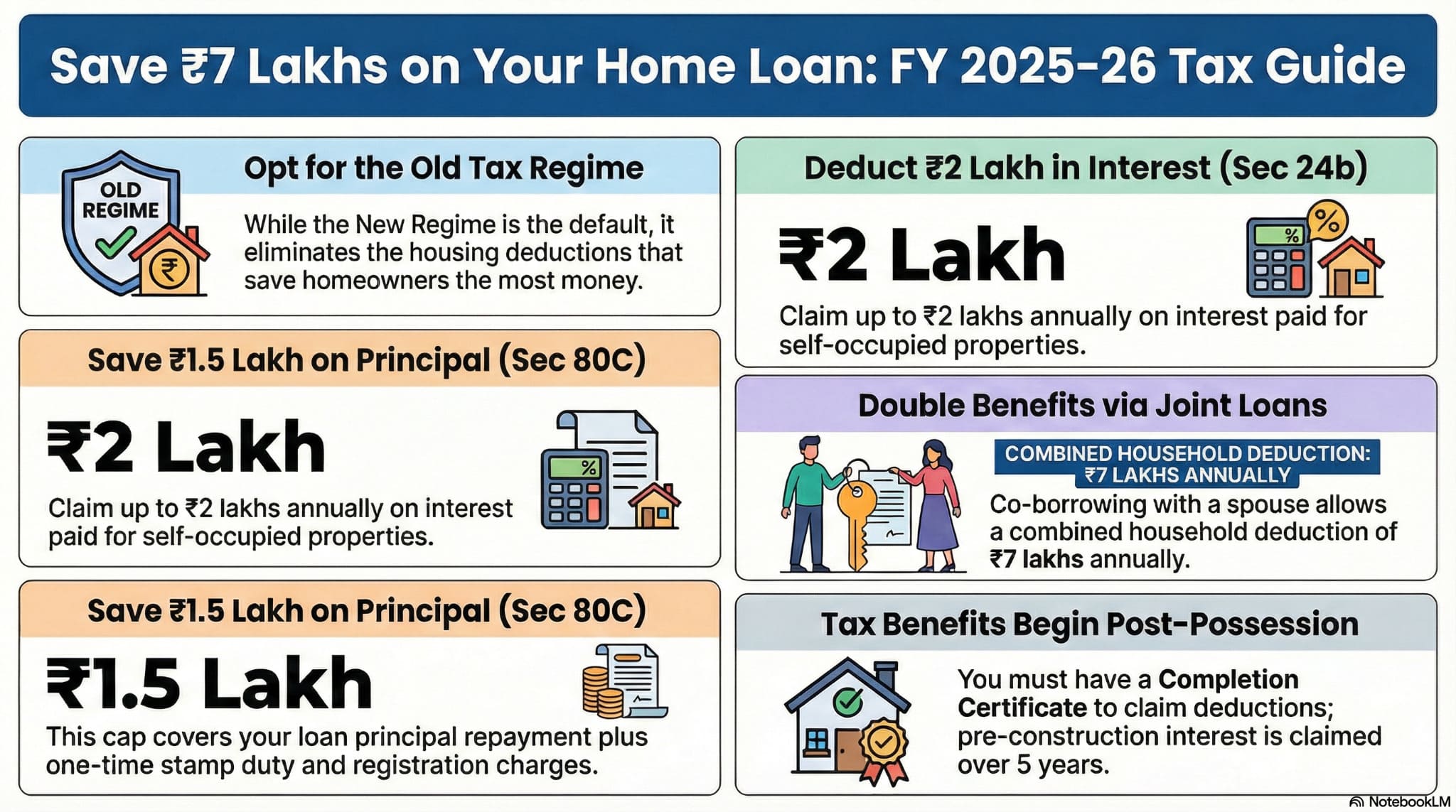 Home loan tax benefits FY 2025-26 infographic Section 24b 80C joint loan strategy save 7 lakhs annually Old Tax Regime