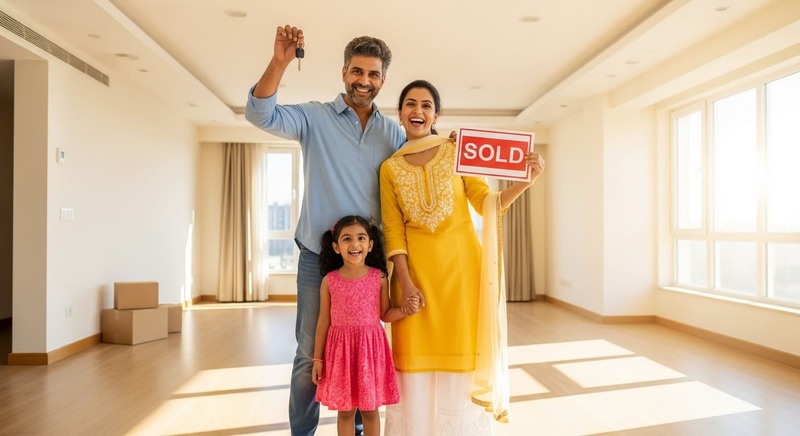 Happy family buying a new flat in Kondapur gated community.