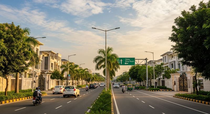 Wide roads and luxury apartments near HITEC City in Kondapur Hyderabad.