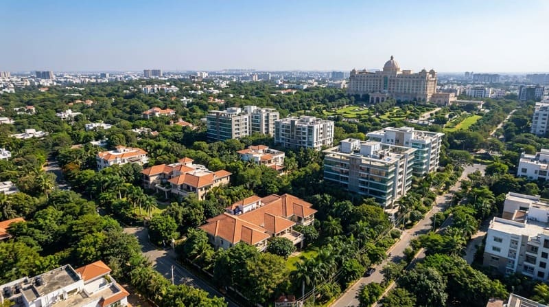 Aerial view posh areas Hyderabad Banjara Hills KBR park greenery luxury estates premium real estate neighborhood overview.