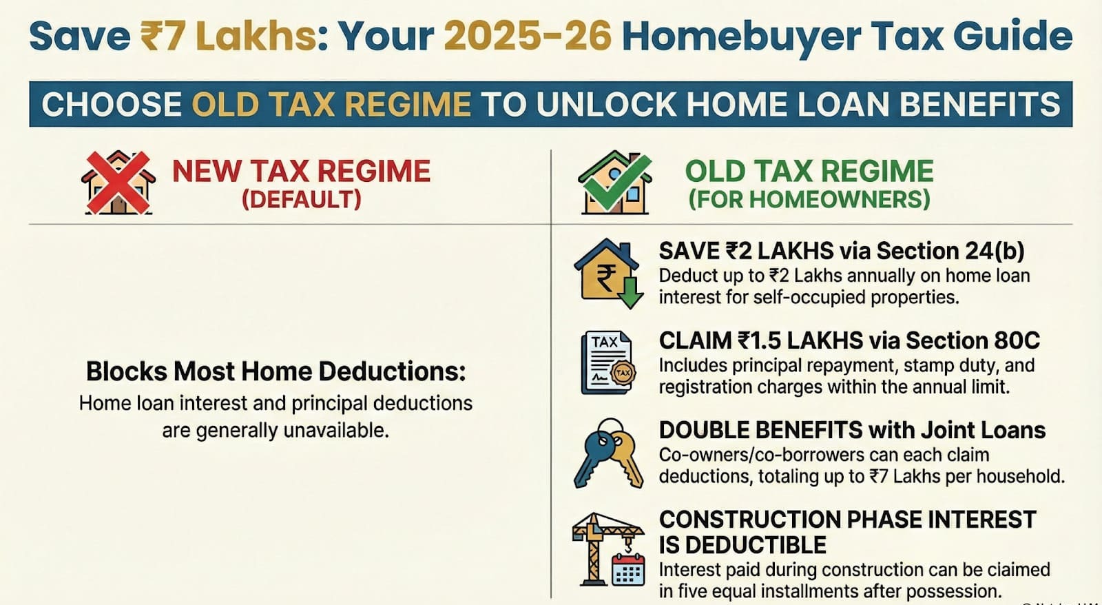 Infographic comparing home loan tax benefits under Old vs New Tax Regime FY 2025-26 for self-occupied properties.