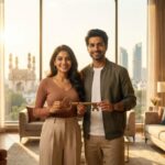 Couple celebrating joint home ownership of a 3 BHK flat in Hyderabad.