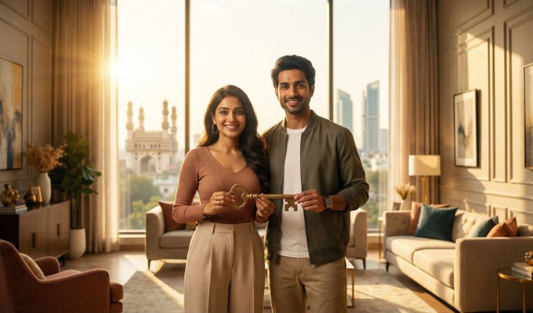 Couple celebrating joint home ownership of a 3 BHK flat in Hyderabad.