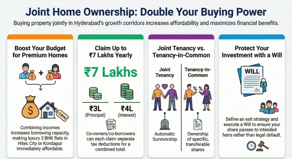 Infographic comparison of Joint Tenancy vs Tenancy in Common ownership structures for property in Hyderabad, highlighting inheritance rules.