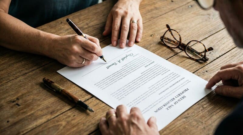 Co-owners signing legal sale deed for luxury apartments in Hyderabad.