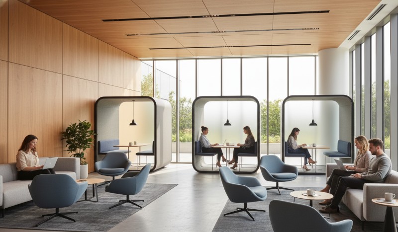 Modern luxury apartment co-working lounge young professionals laptops acoustic pods Hyderabad premium gated community