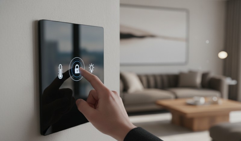 Person using smart home tech touch panel climate security control luxury flat Hyderabad IoT automation interface