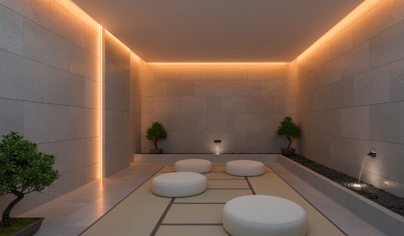 Minimalist meditation room wellness pod premium gated community clubhouse Hyderabad holistic health zen interior design