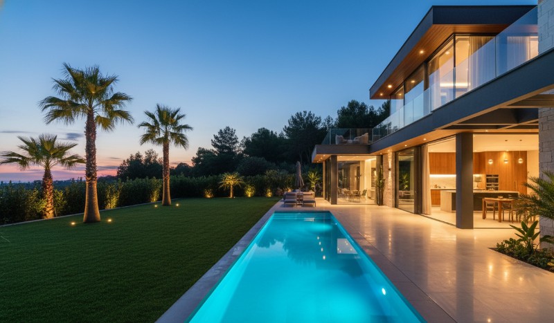 Ultra-modern luxury villa exterior at twilight with illuminated private pool and manicured lawn — gated community Hyderabad