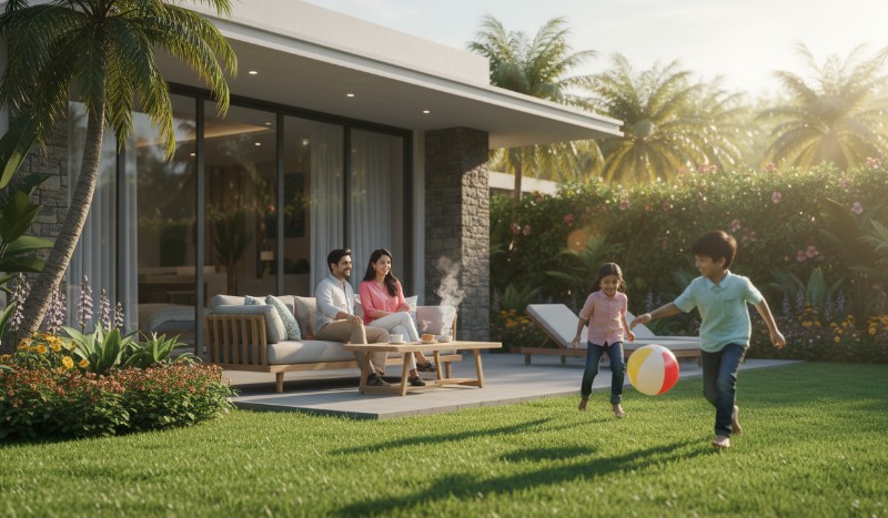 Happy Indian family relaxing on villa patio — parents with coffee, children on lawn, sunny weekend morning near Hyderabad