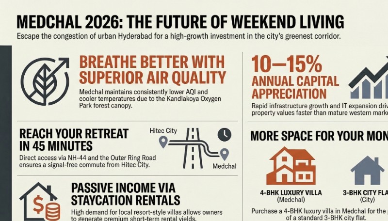 Medchal 2026 infographic — AQI benefits, 45-min drive, 10-15% appreciation, staycation rentals, villa vs city flat value