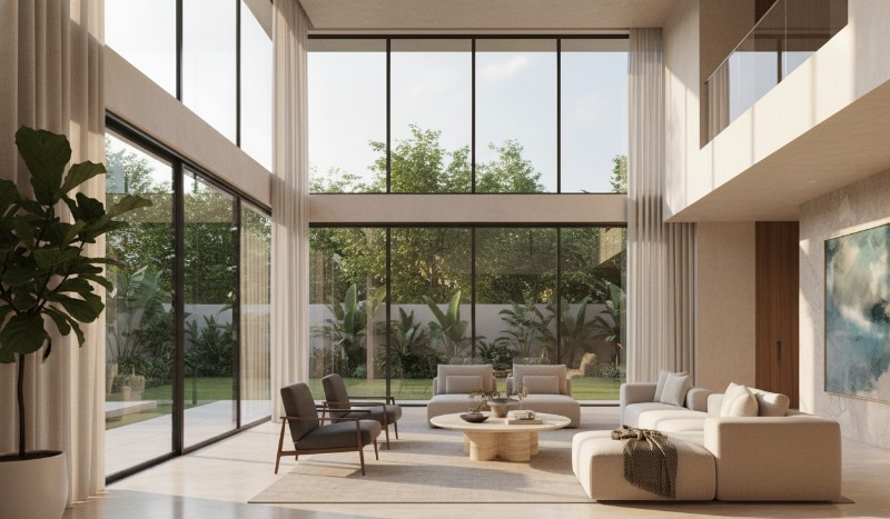 Spacious modern luxury villa living room with floor-to-ceiling windows, natural light, and lush garden view — buy property Medchal