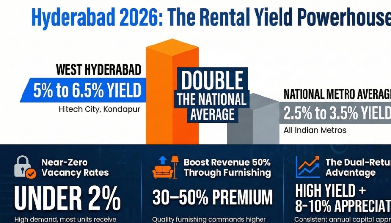Hyderabad 2026 rental yield infographic — 5-6.5% West Hyderabad vs 2.5-3.5% national average, sub-2% vacancy, 30-50% furnishing premium