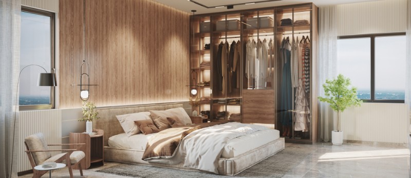 Spacious fully furnished luxury 3 BHK apartment living room with city skyline view — premium rental flat Kondapur Hyderabad