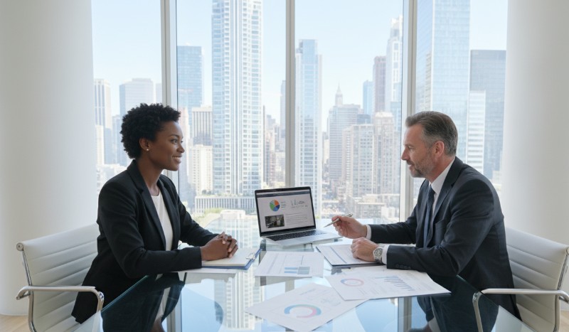 Professional NRI couple reviewing real estate ROI documents with wealth advisor — invest in Hitech City Hyderabad 2026