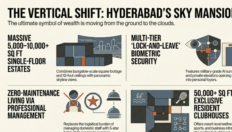 Sky mansions Hyderabad infographic 5000-10000 sq ft biometric security zero maintenance 50000 sq ft clubhouse amenities