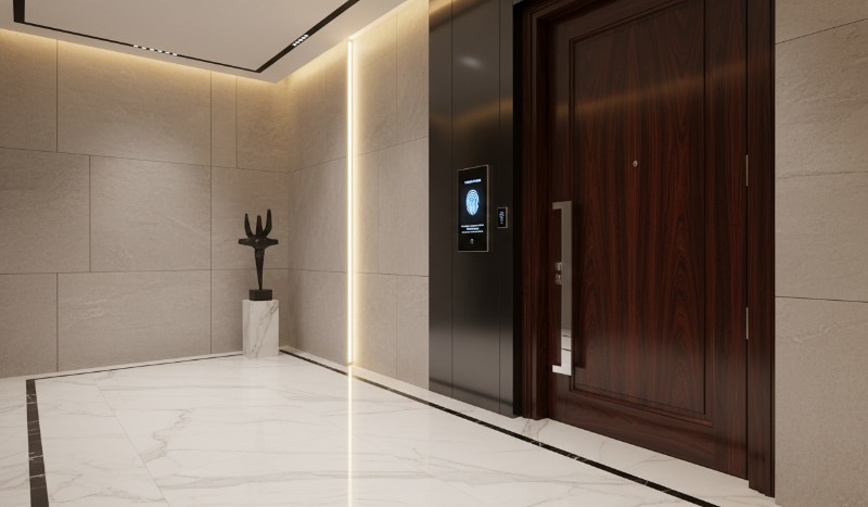 Private elevator lobby advanced biometric security ultra-luxury apartments Hyderabad Italian marble secure entry foyer